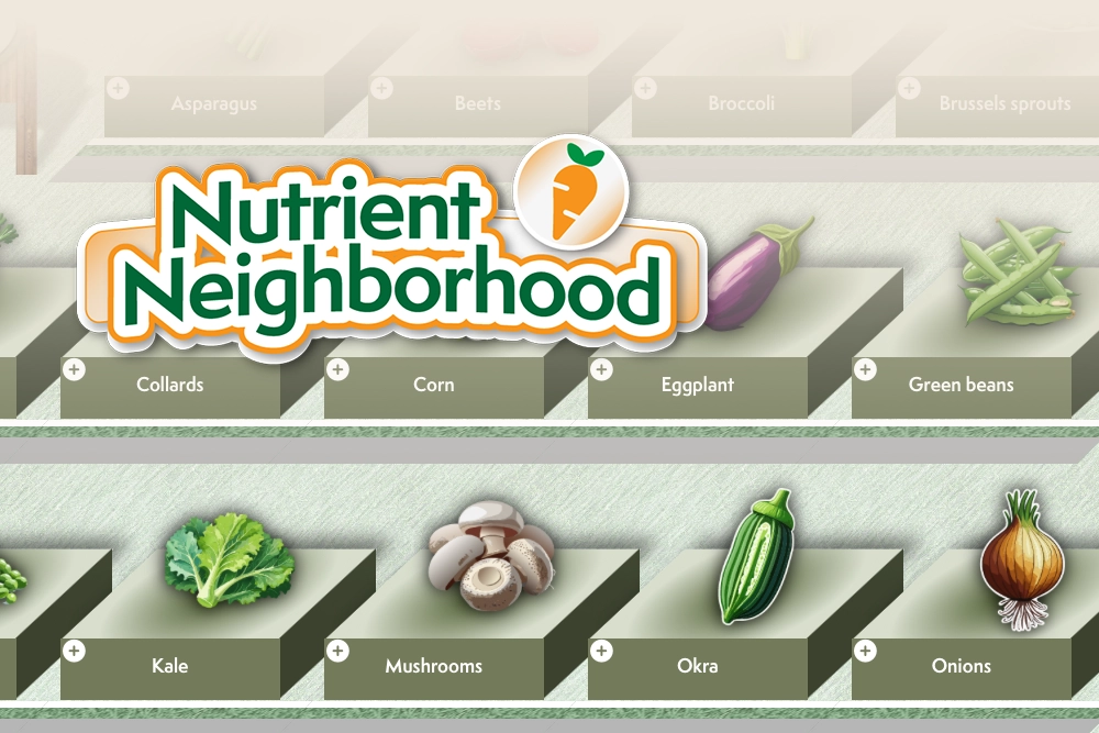 Nutrient Neighborhood: shelves of illustrated vegetables to choose from