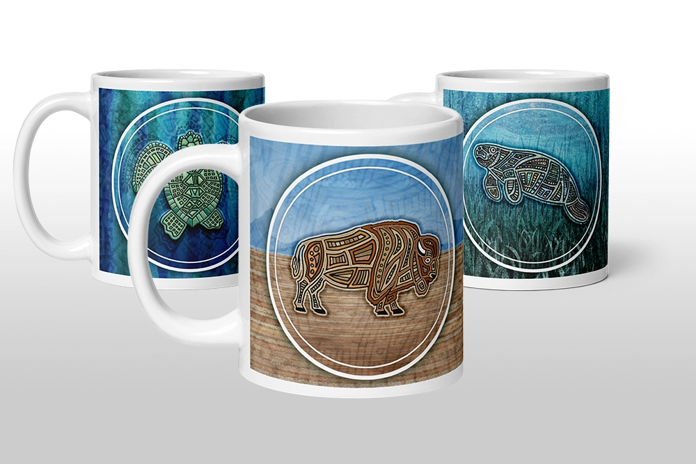 Earthlight mugs with sea turtle, bison, and manatee artwork