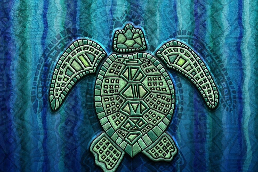 Original sea turtle illustration on a blue-green wave pattern