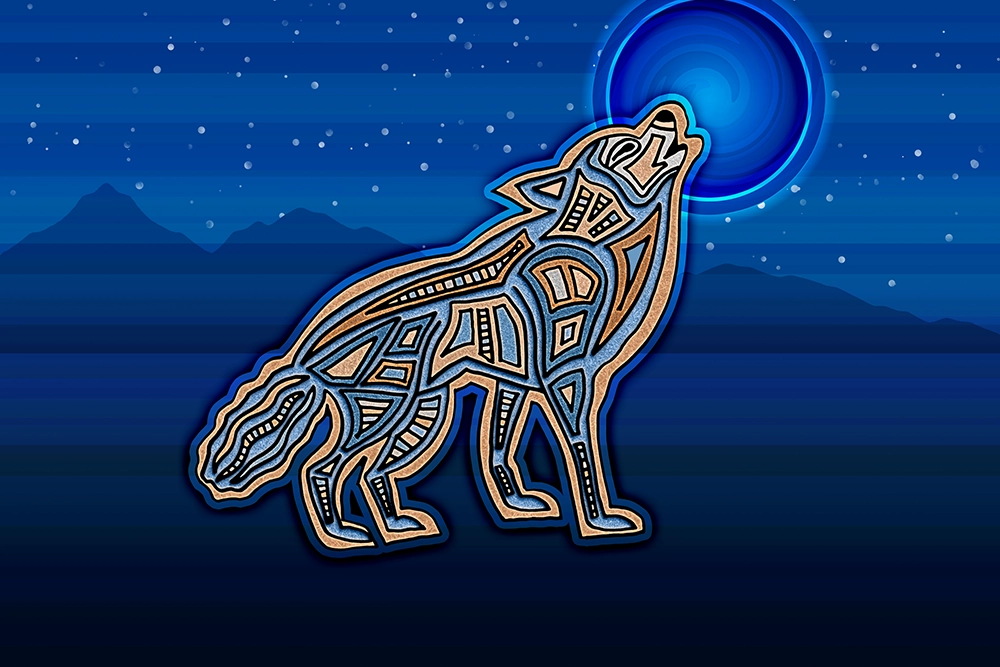 Original wolf illustration howling at a blue moon