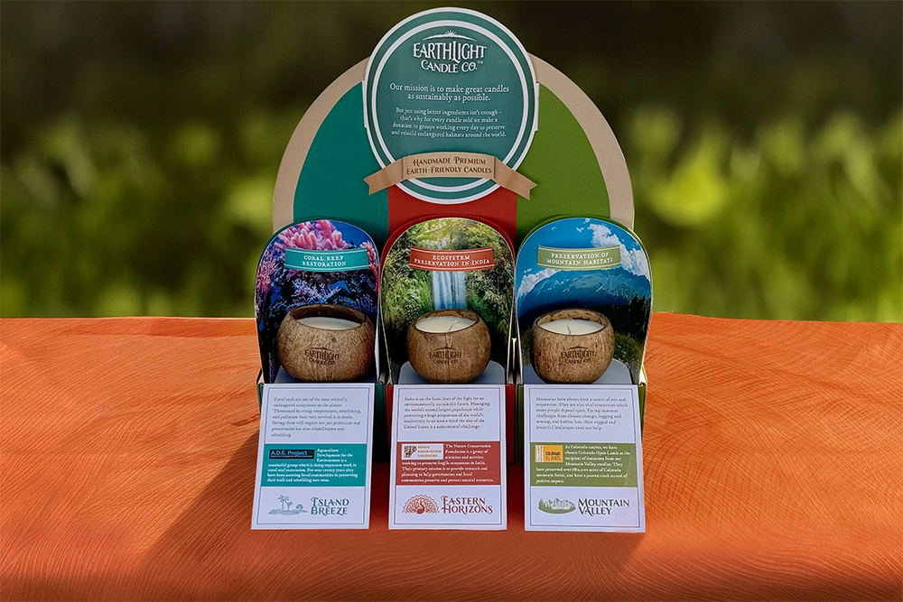 Countertop display of three coconut shell candles with scent cards