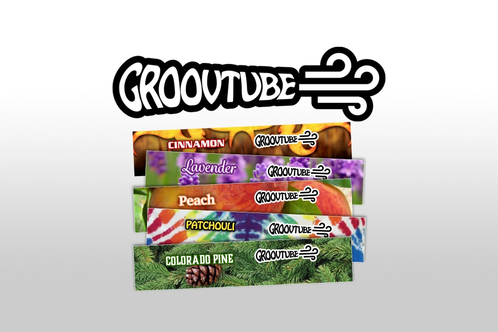 Redesigned GroovTube labels for cinnamon, lavender, peach, patchouli, and Colorado pine