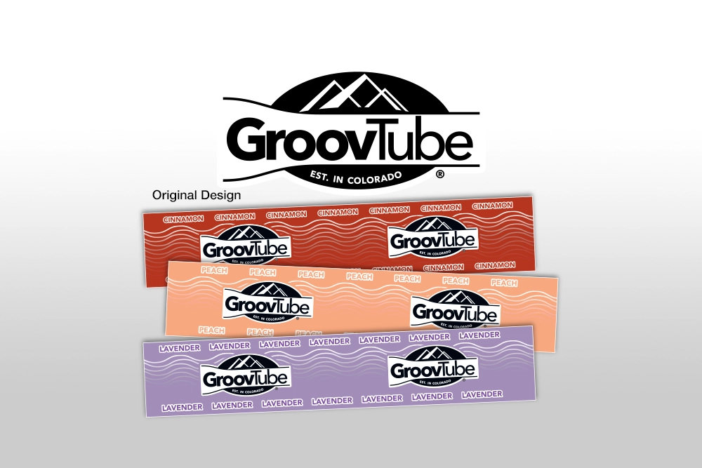 Original GroovTube logo and cinnamon, peach, and lavender labels, before the redesign