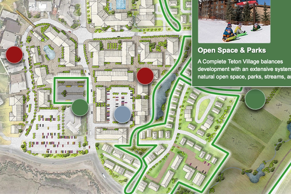 Interactive Teton Village map with an Open Space and Parks panel