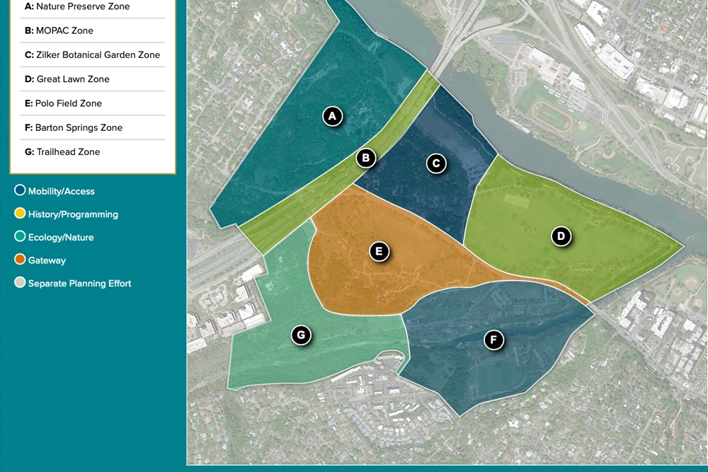 Interactive Zilker Park map with color-coded planning zones